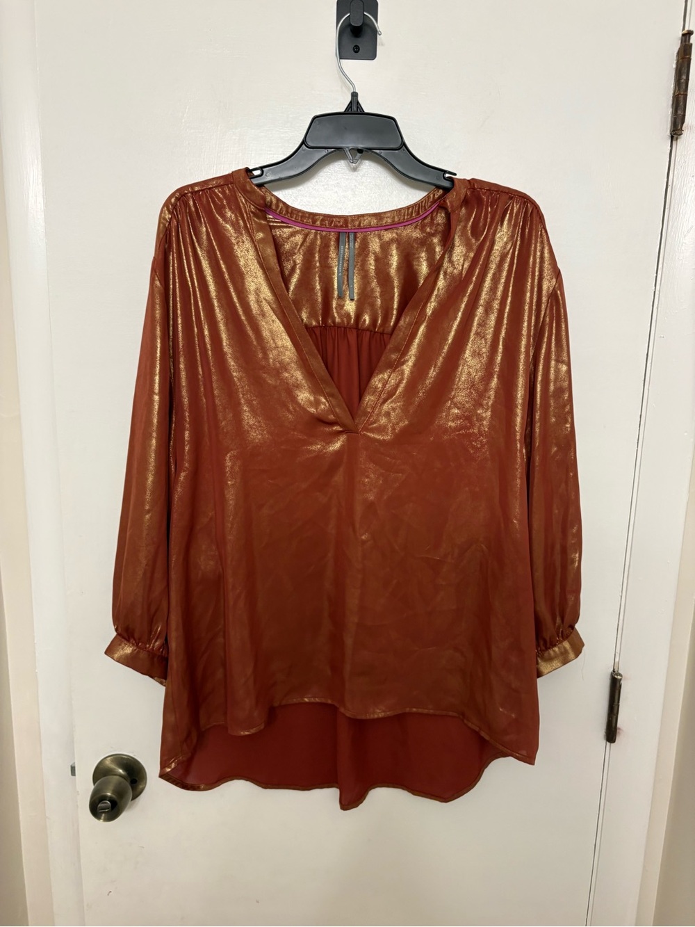 Anthropologie Amadi Merry Metallic Blouse Bronze Copper Shimmer Poet Sleeve L